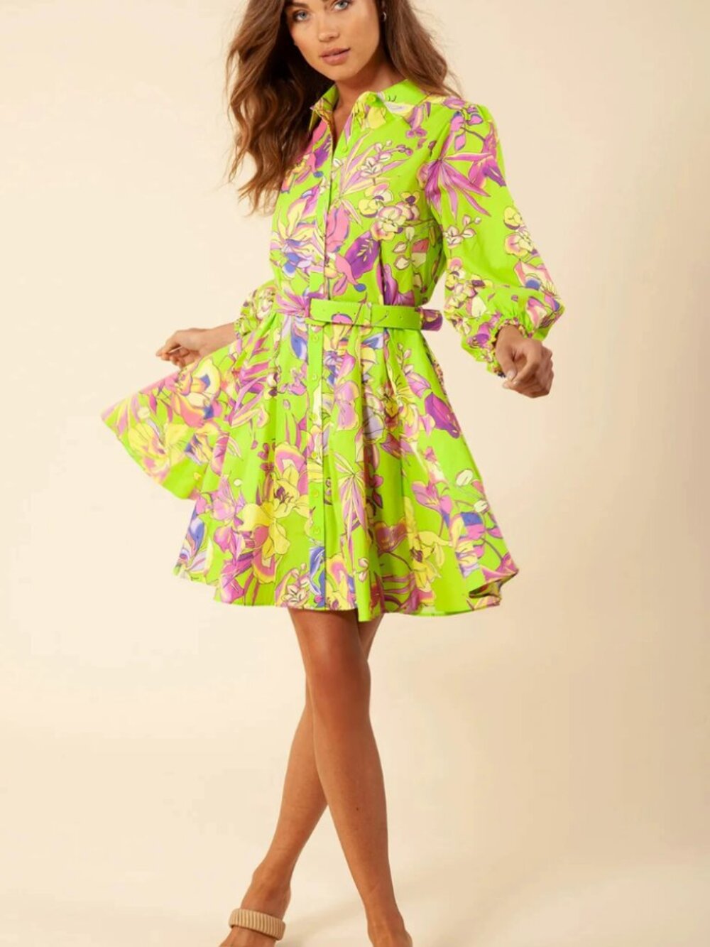 Hale Bob Vania Poplin Floral Shirt Dress Lime Green Belted Size S